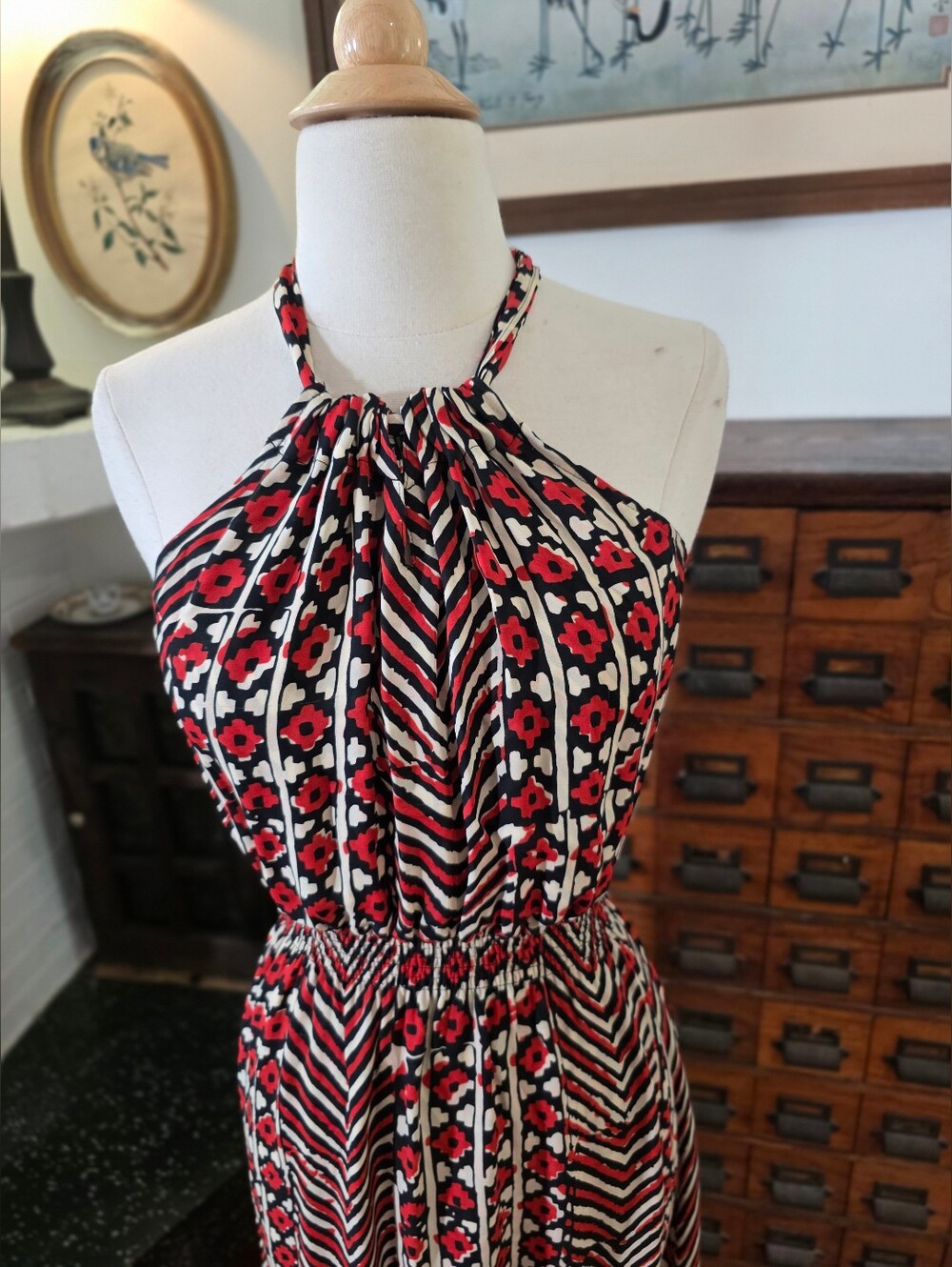 Parker 100% Silk Patterned Red And White Maxi Halter Dress Size Small - Picture 6 of 14